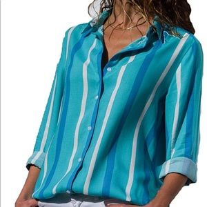 NWOT- Aqua Blouse- Striped Blue & White